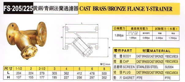   台湾富山黄铜法兰过滤器 FS205