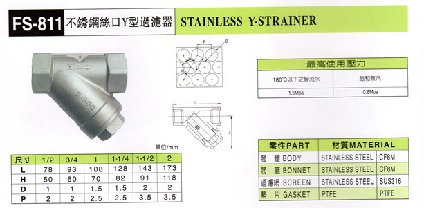 台湾富山不锈钢Y型过滤器FS811