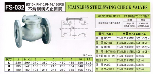 台湾富山不锈钢法兰止回阀 FS032